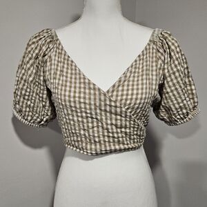 Sim & Sam Brown Gingham Print 100% Cotton Puff Sleeve Wrap Crop Top Women Size L